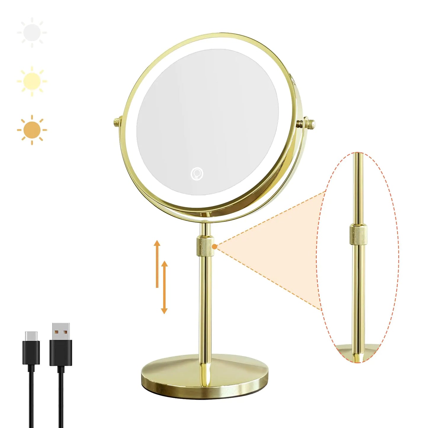 Nicesail LED Make up Mirror with Lighting Magnifying Mirror with 3 Color Dimmable Lights Stand up Lighted Makeup Mirror 360°Rotation Double Sided Shiny Gold Finish